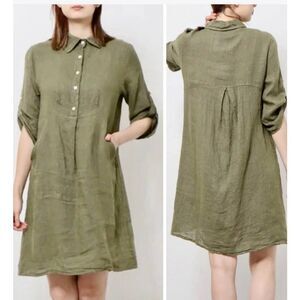 Elena Baldi Olive Green 100% Linen Mini Shirt Dress Roll Tab Sleeves